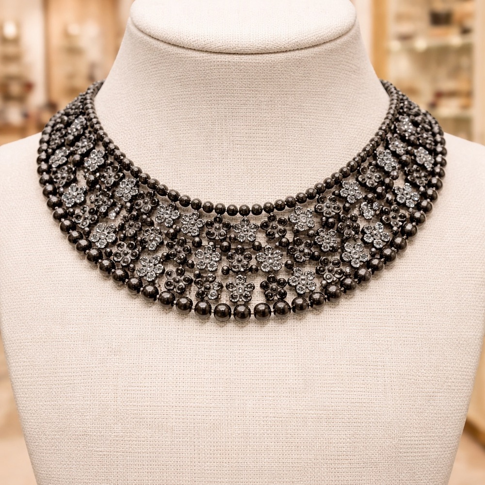 Intricate metallic silvertone and black Floral costume choker Necklace